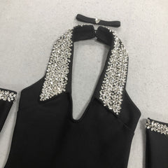 Jeneal Black Diamante Halter Midi Bandage Dress