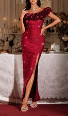 Finella Glamorous Red Off-Shoulder 3D Floral Embellished Maxi Gown with Slit