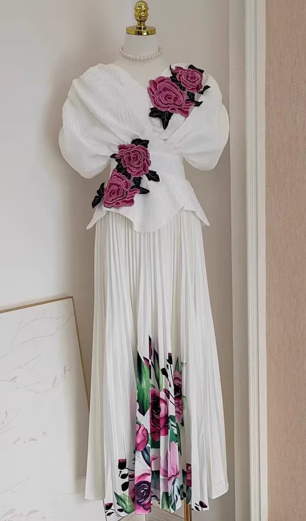 Fran White Floral Appliqu & Pleated Maxi Dress