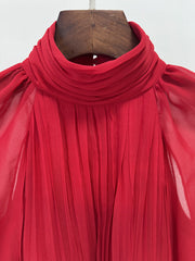 Françoise Glamorous Red Pleated Maxi Gown with Flowing Cape
