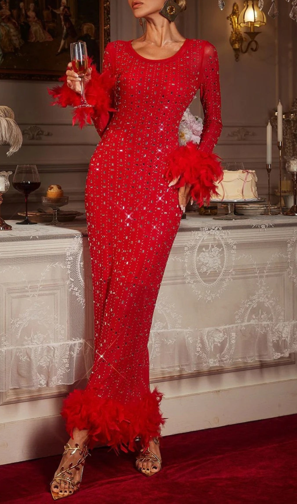 Chardea Red Rhinestone Feather Maxi Dress
