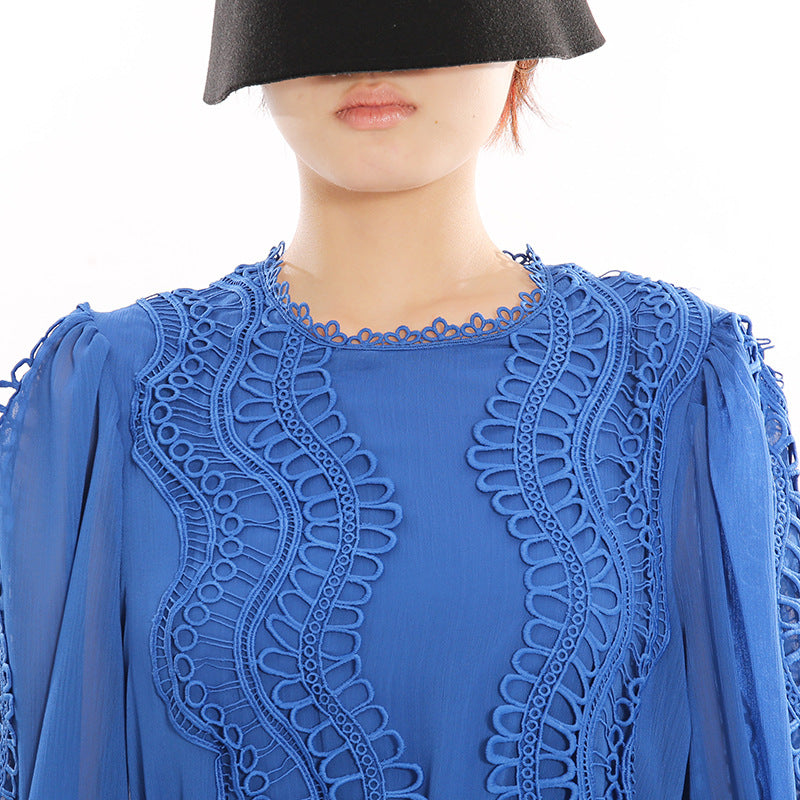 Jeslyn Elegant Royal Blue Lace-Trim Long Sleeve Maxi Dress