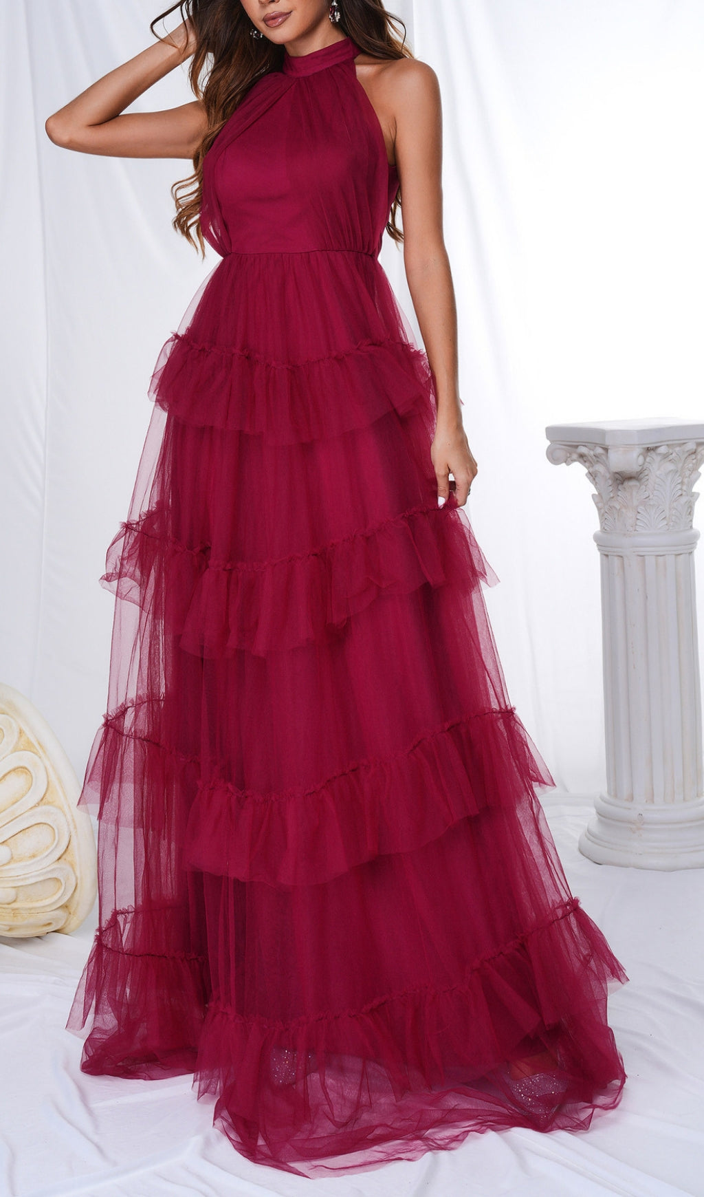 Glamorous Wine Red Halter Tiered Tulle Maxi Dress