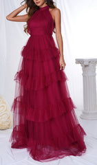 Glamorous Wine Red Halter Tiered Tulle Maxi Dress