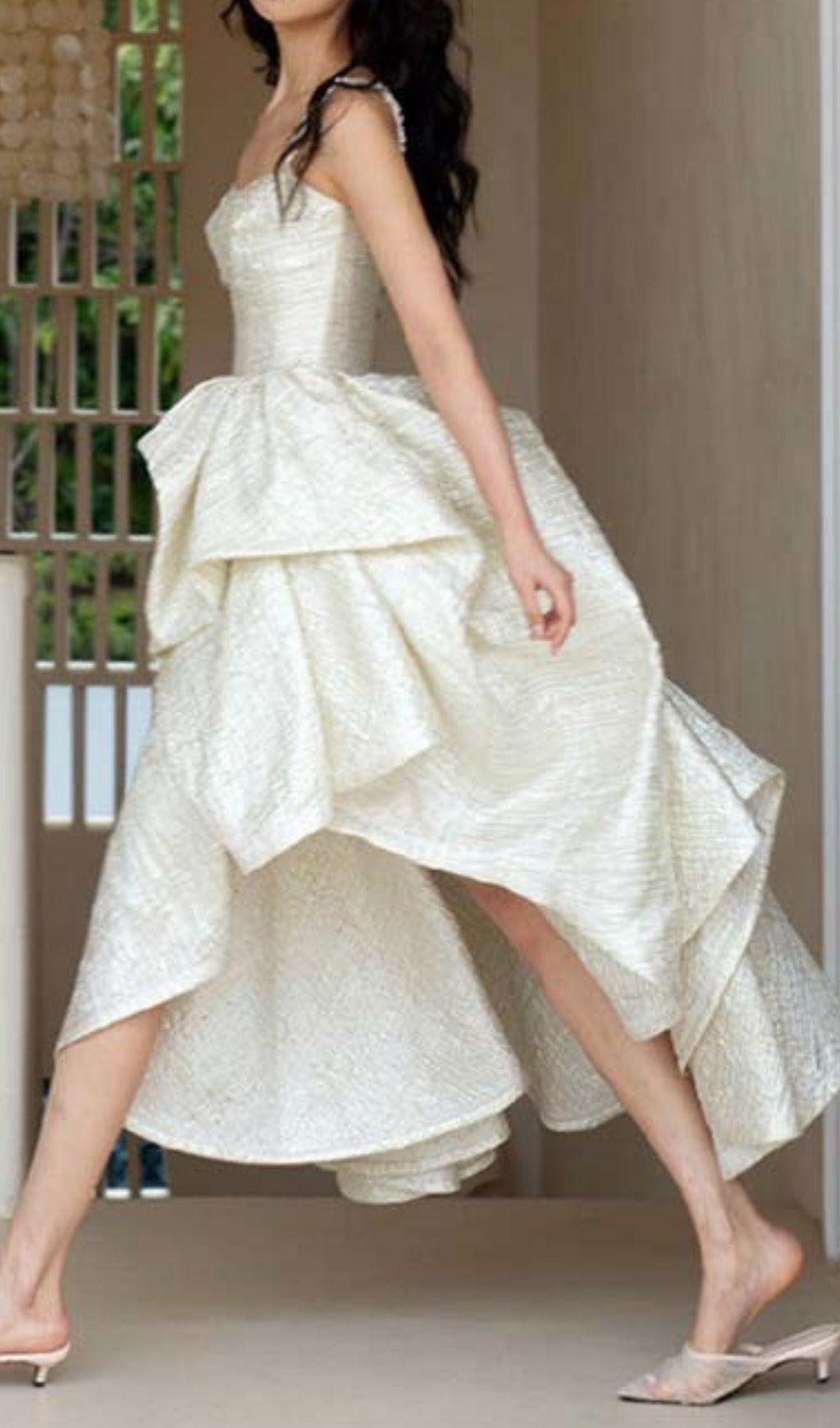 Fumitaka Shimmer Asymmetrical Ruffle Midi Dress