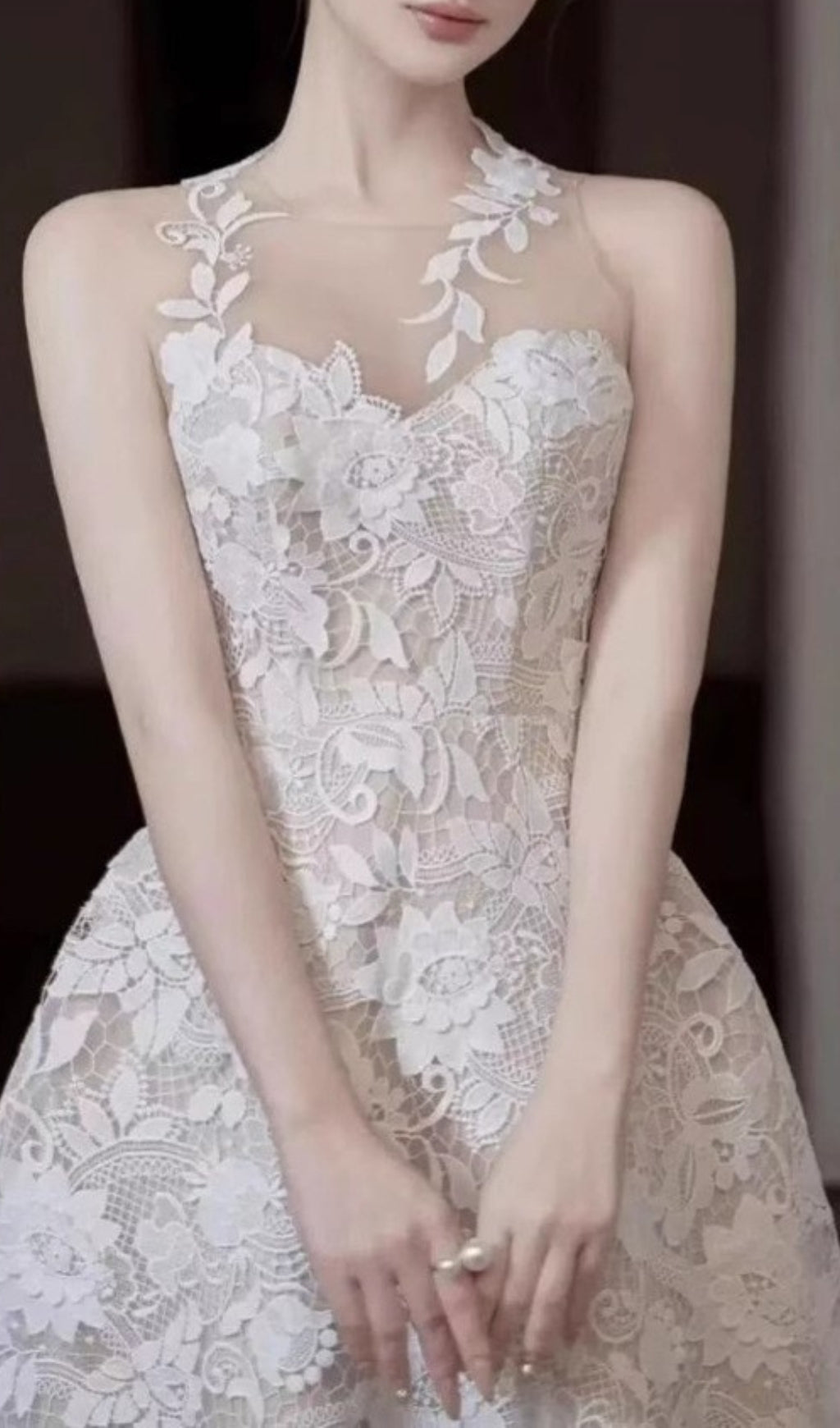 Elegant White Floral Lace Midi Dress with Illusion Neckline