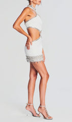Bella White Sparkle & Glam Rhinestone Halter Cutout Mini Dress