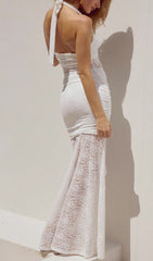 Fusayo Elegant White Halter Ruched Lace Maxi Dress