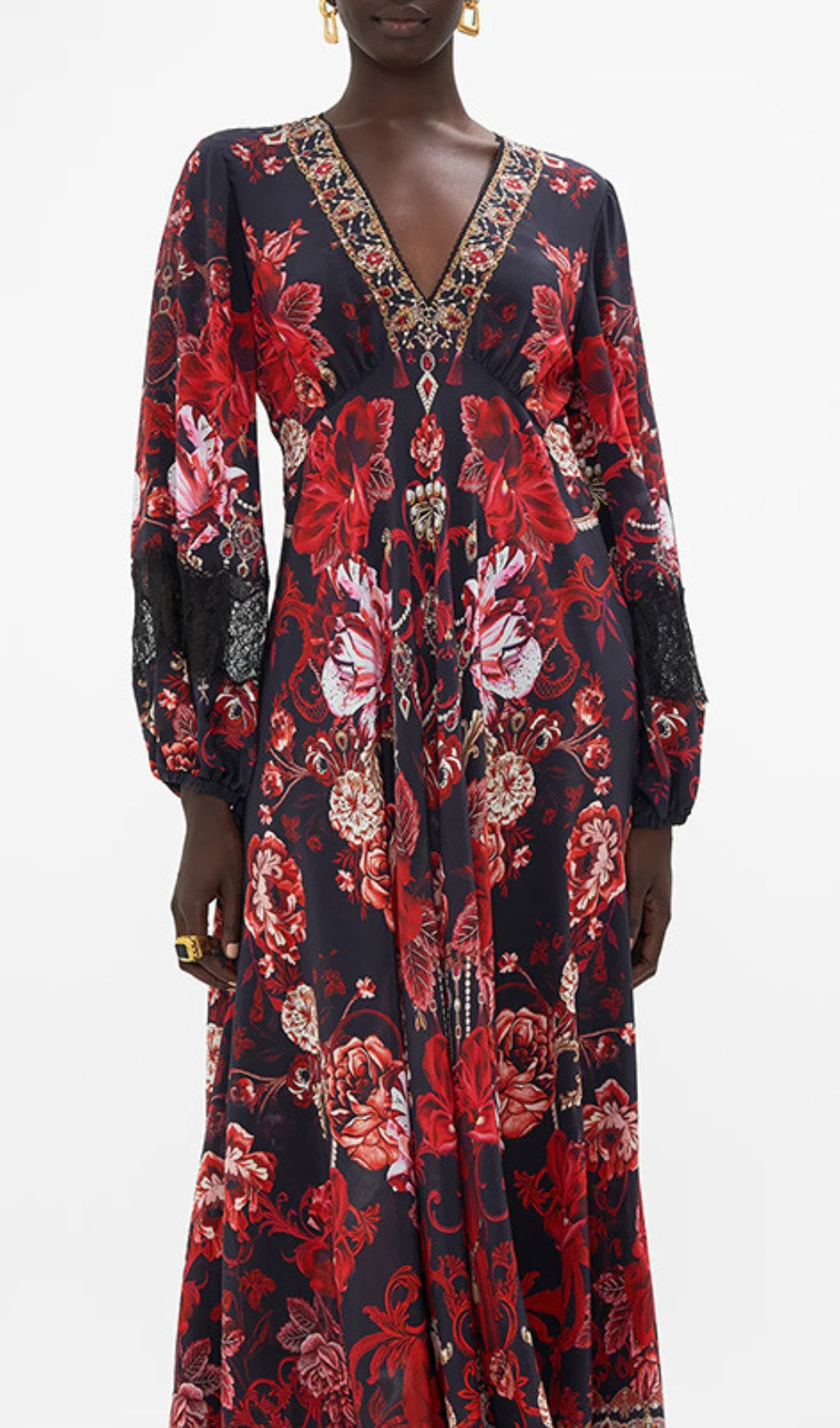 Davood Bohemian Red Floral V-Neck Midi Dress with Lace Cuffs
