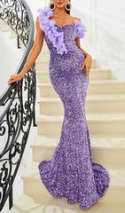 Celine Dazzling Lavender Sequin One-Shoulder Maxi Gown