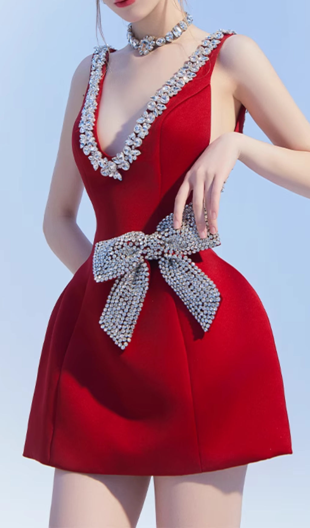 Dazzling Eilis Red Sparkle Mini Dress with Diamond V-Neck & Bow