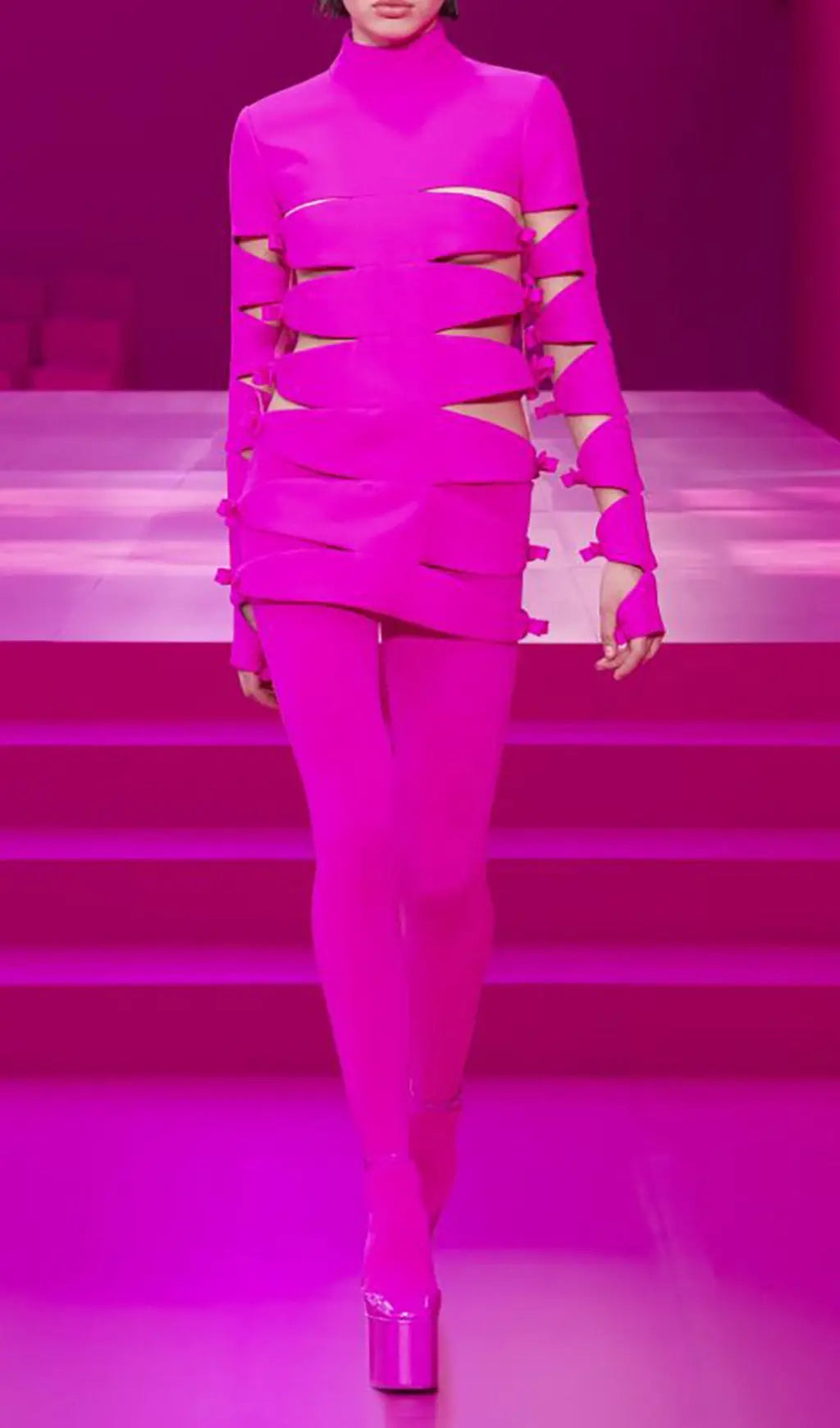 Fuchsia Bow Cut-Out Long Sleeve Bandage Mini Dress