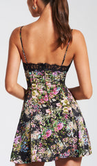 Elegant Floral Satin Mini Dress with Lace Trim & Tie-Front Keyhole