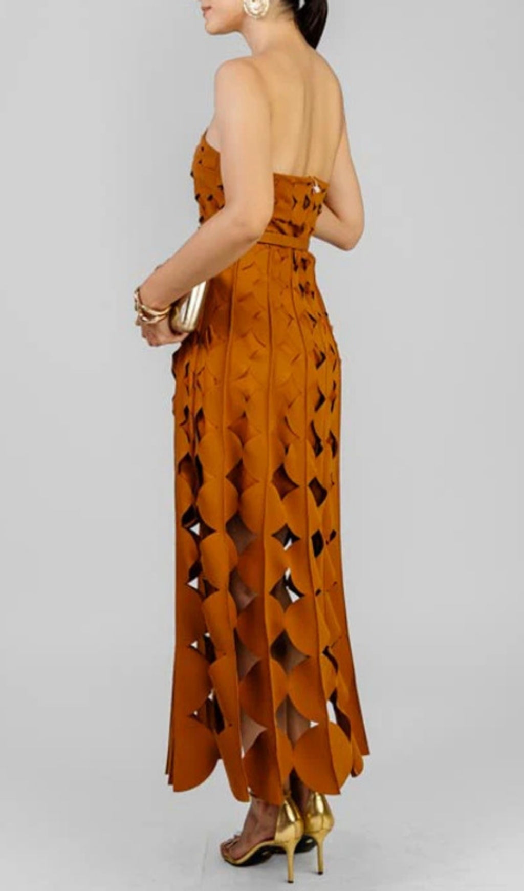 Fifi Terracotta Strapless Laser-Cut Maxi Dress