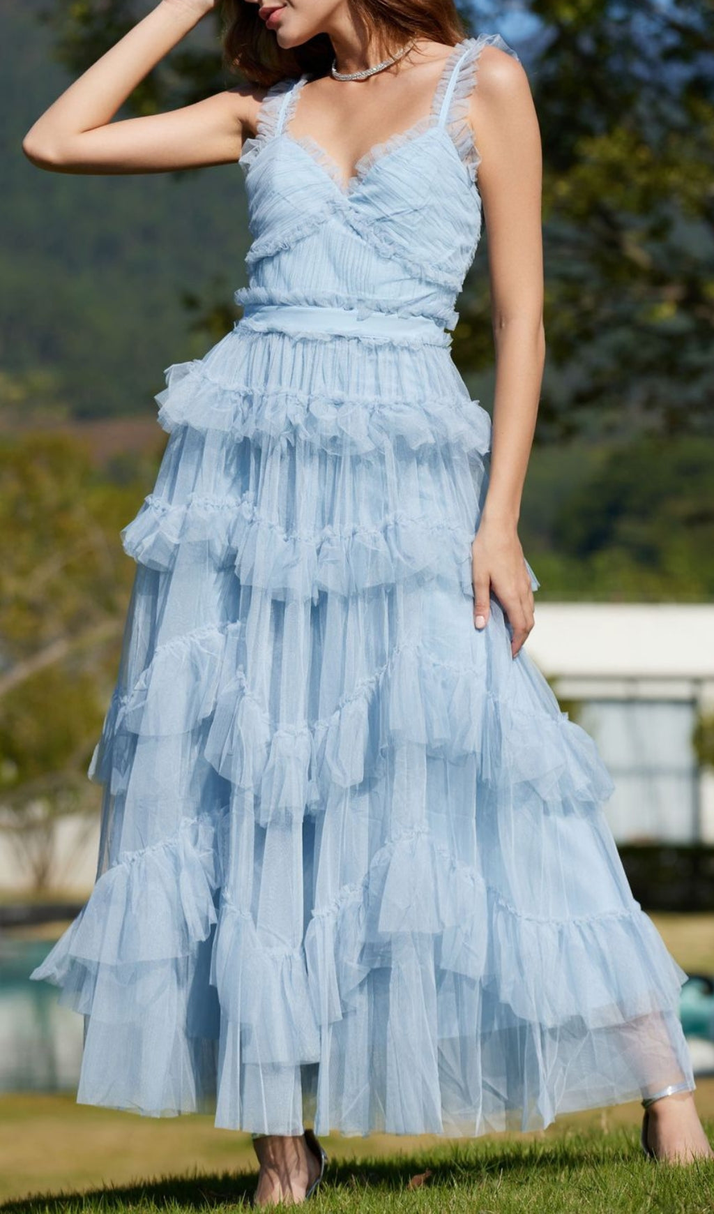 Dreamy Blue Ruffle Tiered Tulle Maxi Dress