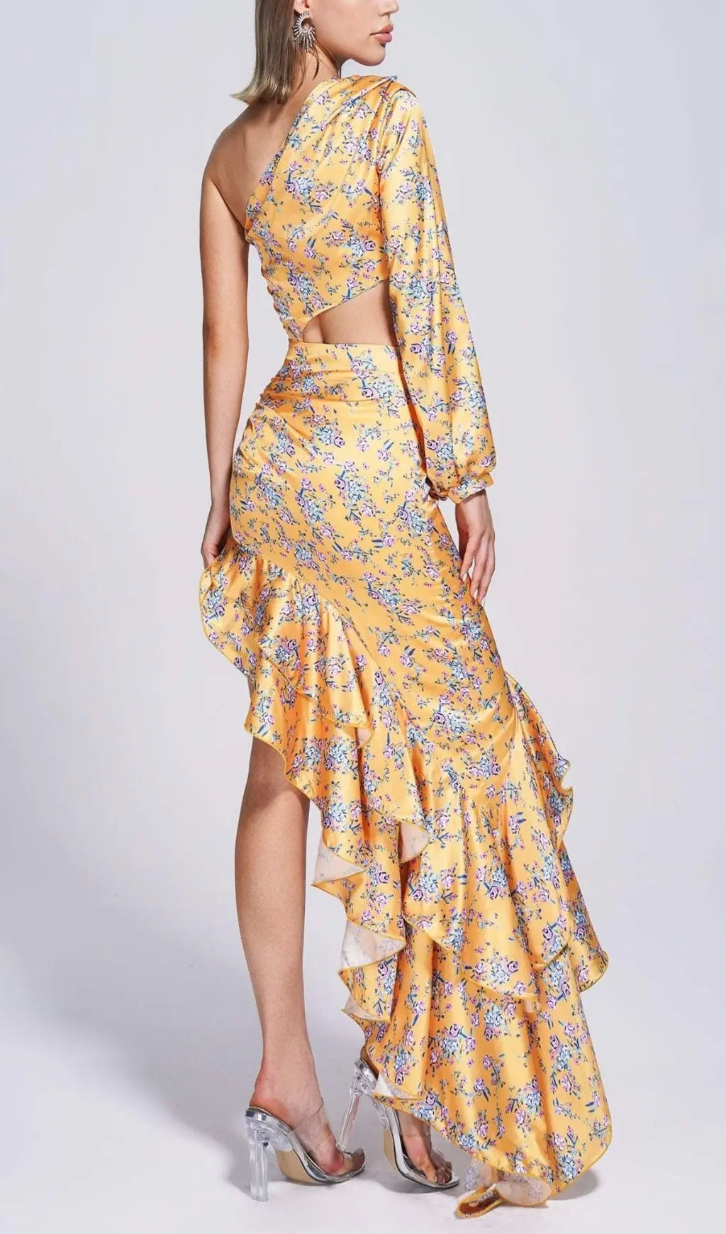 Vibrant Yellow Floral One Shoulder Cutout Ruffle Maxi Dress