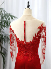 Vestido de fiesta de satén rojo con encaje y escote redondo 
