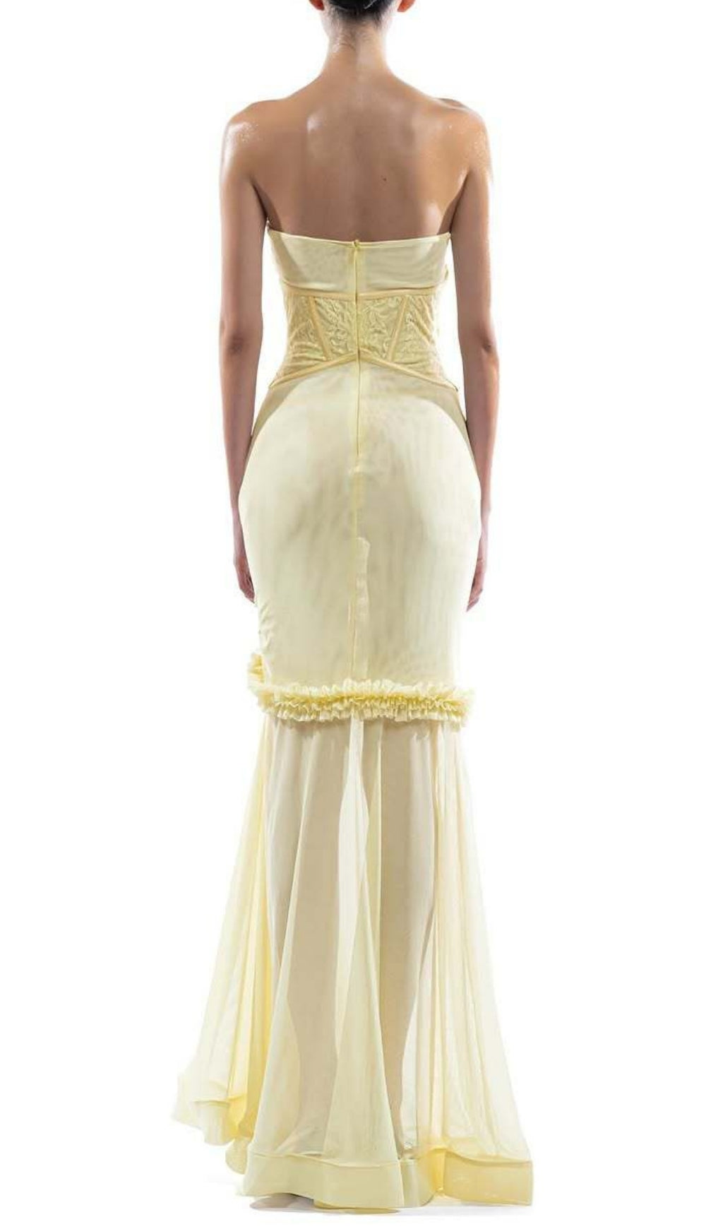 Evren Yellow Ethereal Strapless Corset Maxi Dress with Ruffles