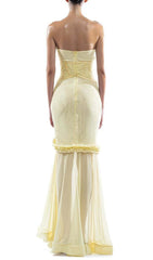Evren Yellow Ethereal Strapless Corset Maxi Dress with Ruffles