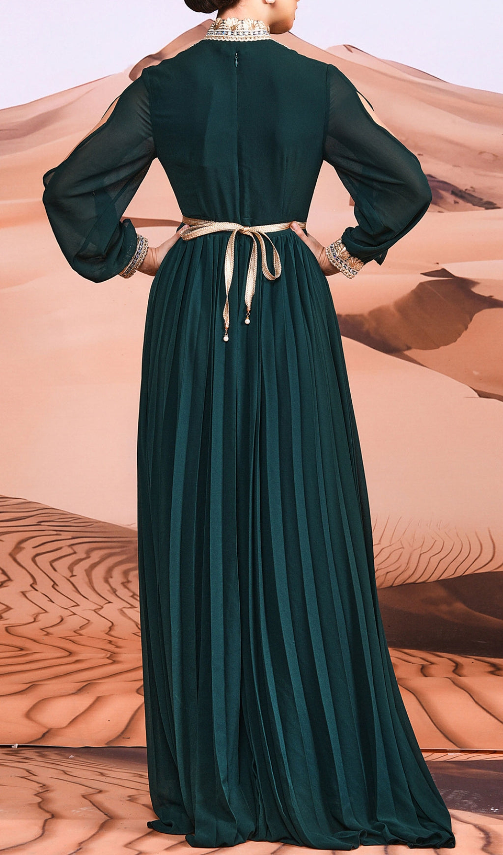 Croia Emerald Green Embroidered V-Neck Pleated Maxi Dress