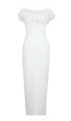 Elegant White Feather Off-Shoulder Bodycon Maxi Dress