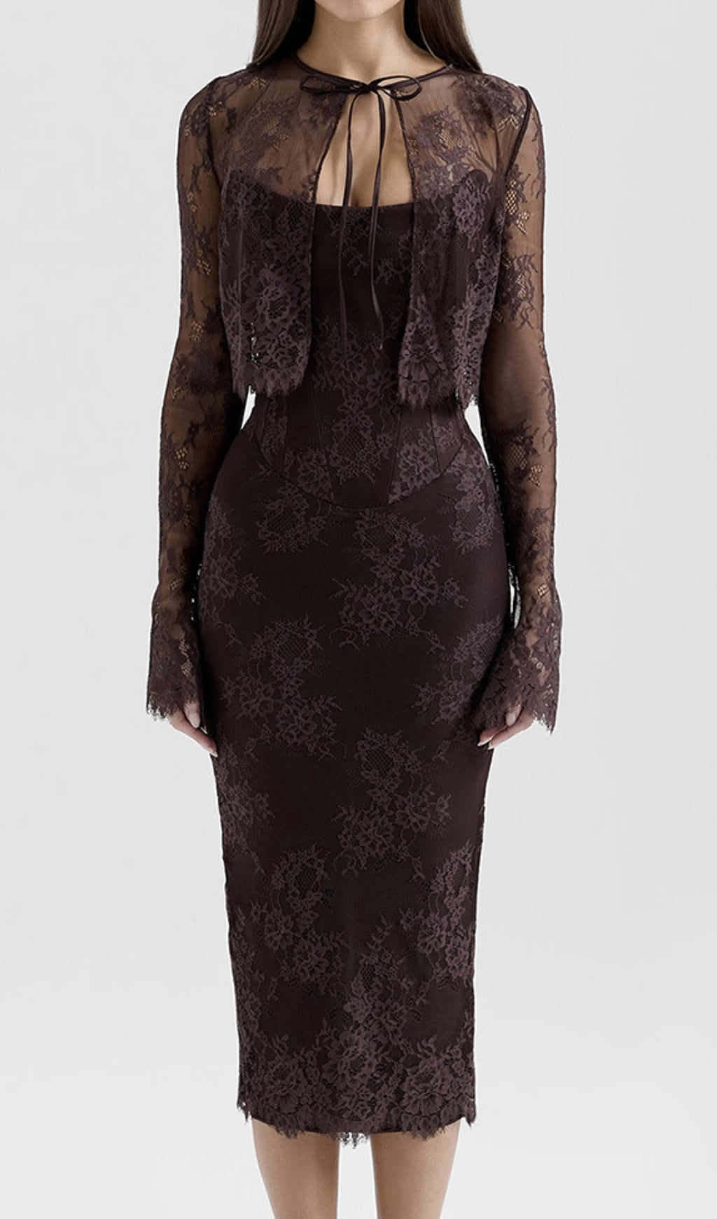 Deza Luxe Chocolate Lace Corset Midi Dress & Matching Bolero Set