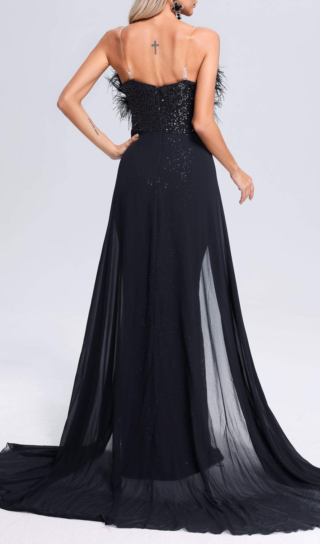 Dazzling Black Feather Sequin Strapless Maxi Gown with Chiffon Overlay