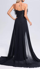 Dazzling Black Feather Sequin Strapless Maxi Gown with Chiffon Overlay