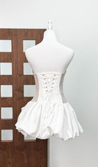 Irene White Strapless Corset Mini Dress with Floral Bubble Skirt