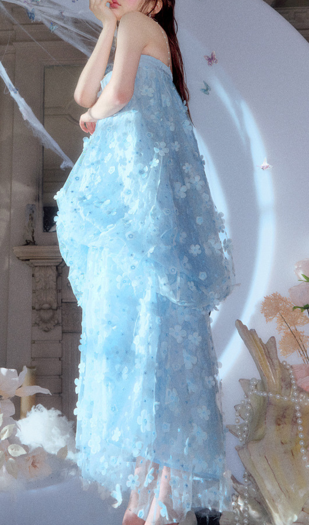 Dreamy Harsha Blue 3D Floral Embellished Strapless Maxi Dress