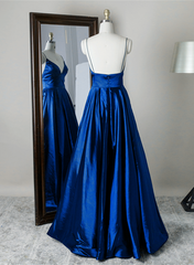 Royal Blue Satin Straps V-neckline Long Formal Dress