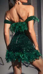 Dazzling Emerald Green Sequin Feather Mini Dress