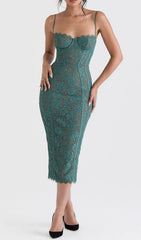 Elegant Forest Green Lace Corset Midi Dress