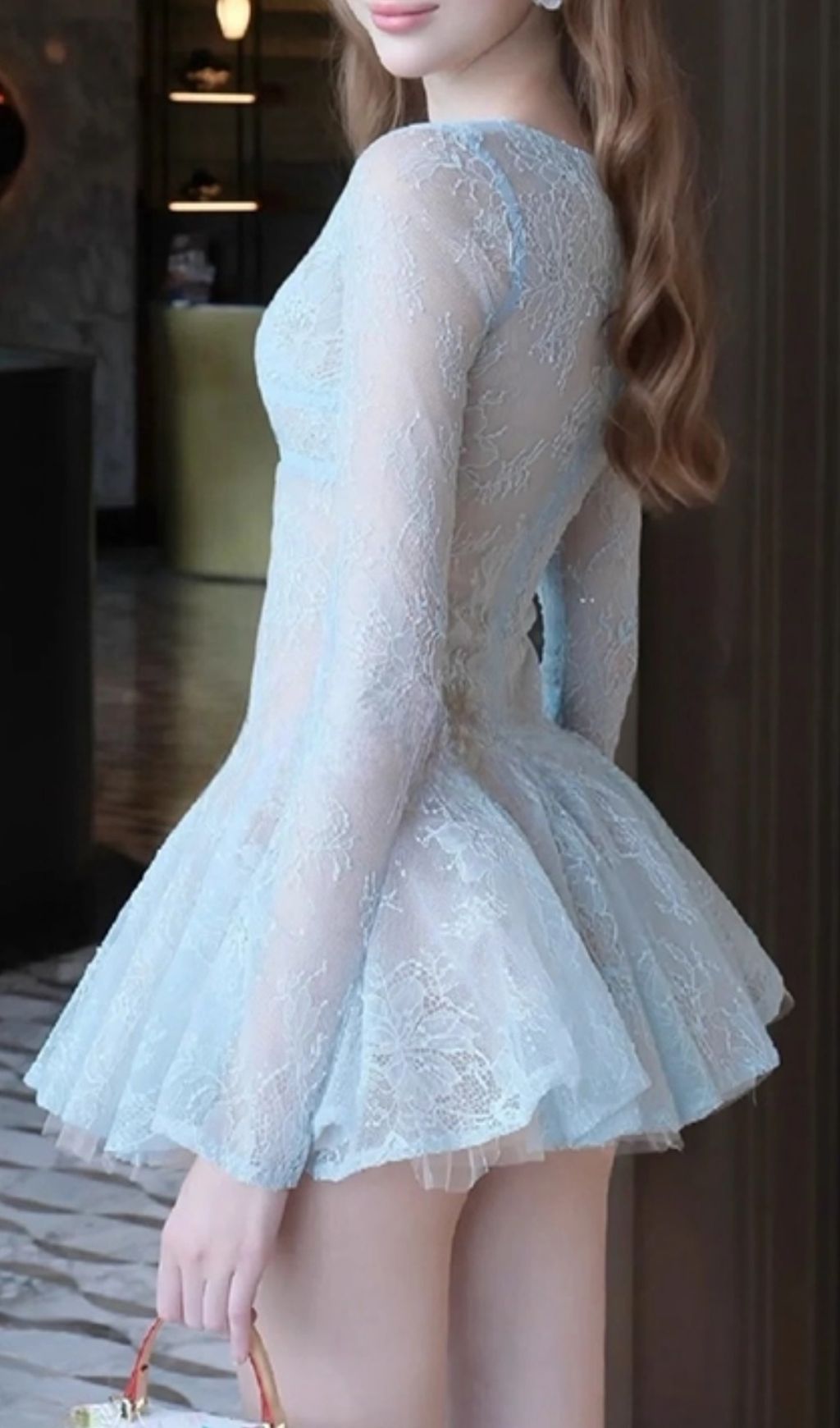 Itsuki Ethereal Blue Lace Long Sleeve Mini Dress