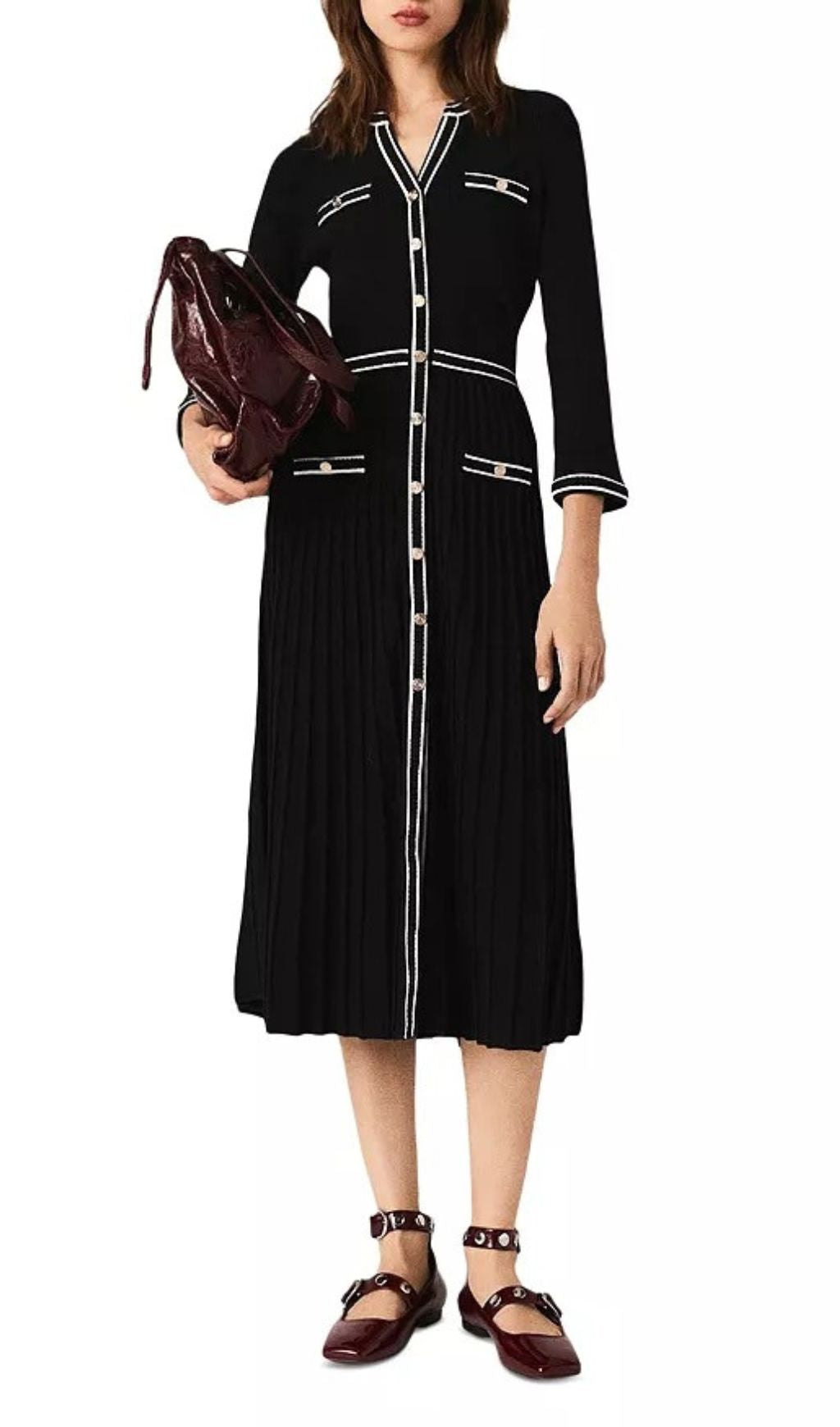 Jemarie Chic Black Knit Pleated Midi Dress with Contrast Trim