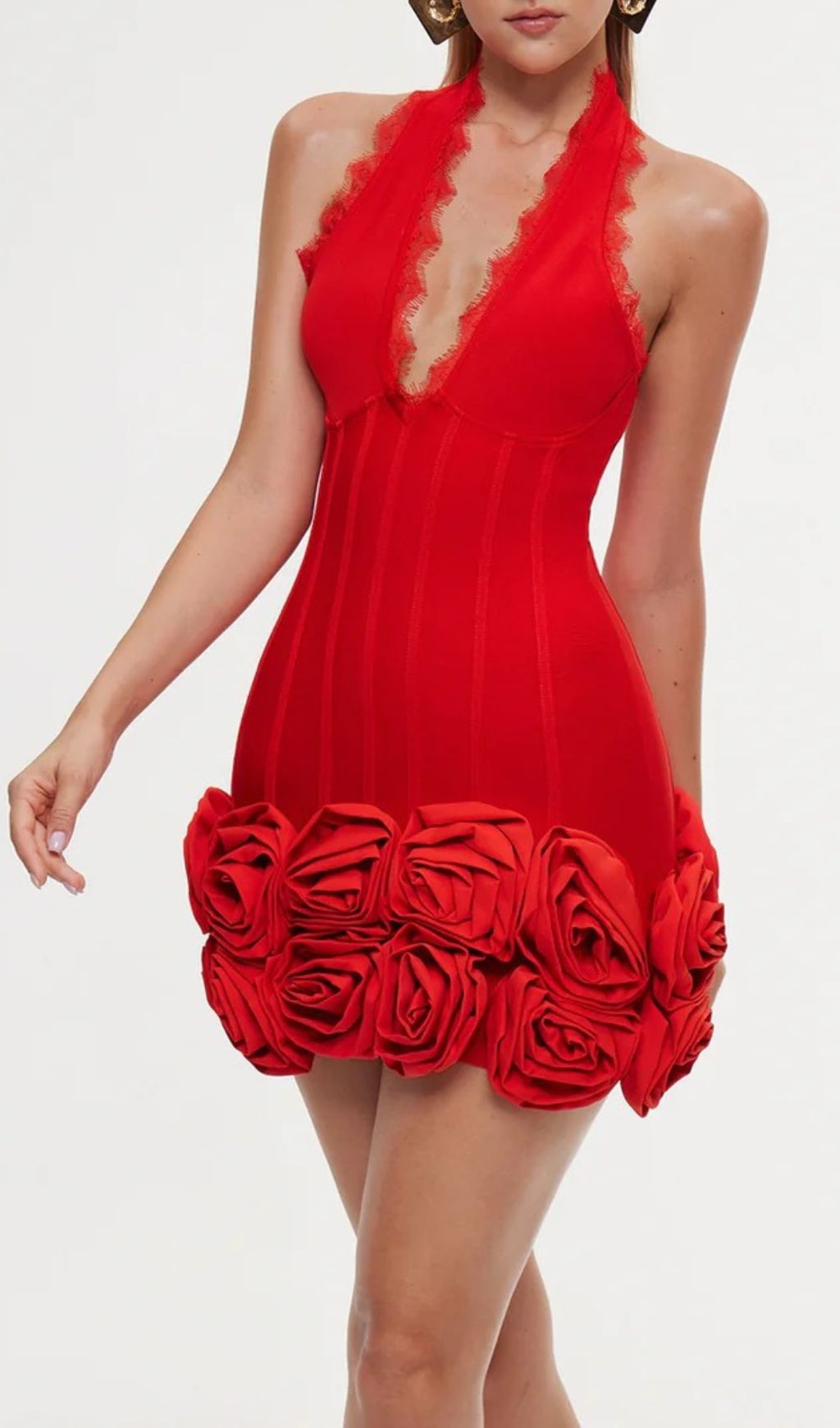 Emanar Red Rose Halterneck Mini Bandage Dress