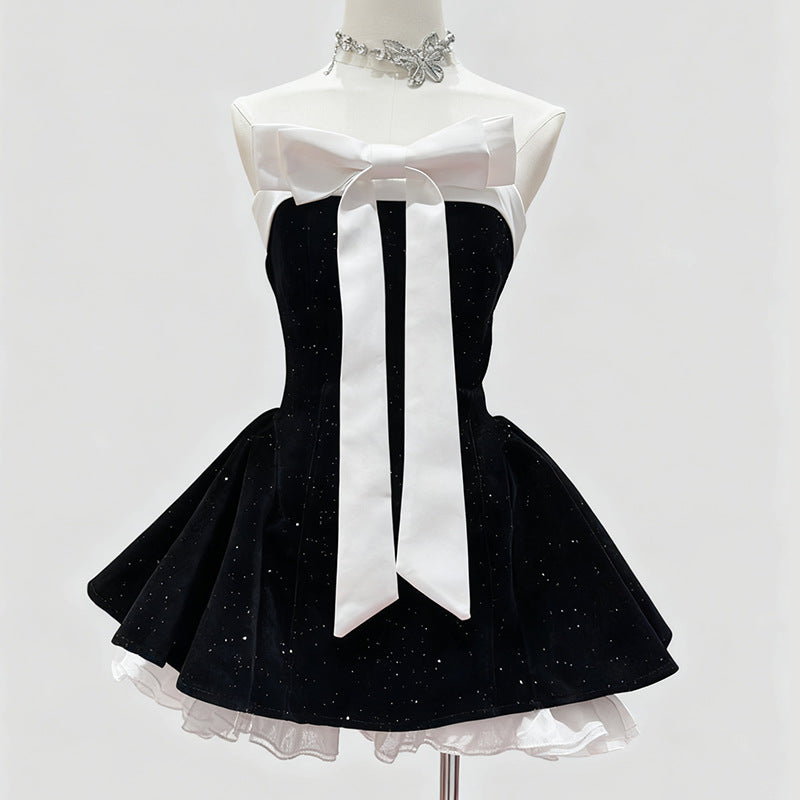 Iola Red Velvet Bowknot Strapless Mini Dress