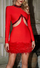 Agim Siren Red Rhinestone Feather Cutout Bandage Mini Dress
