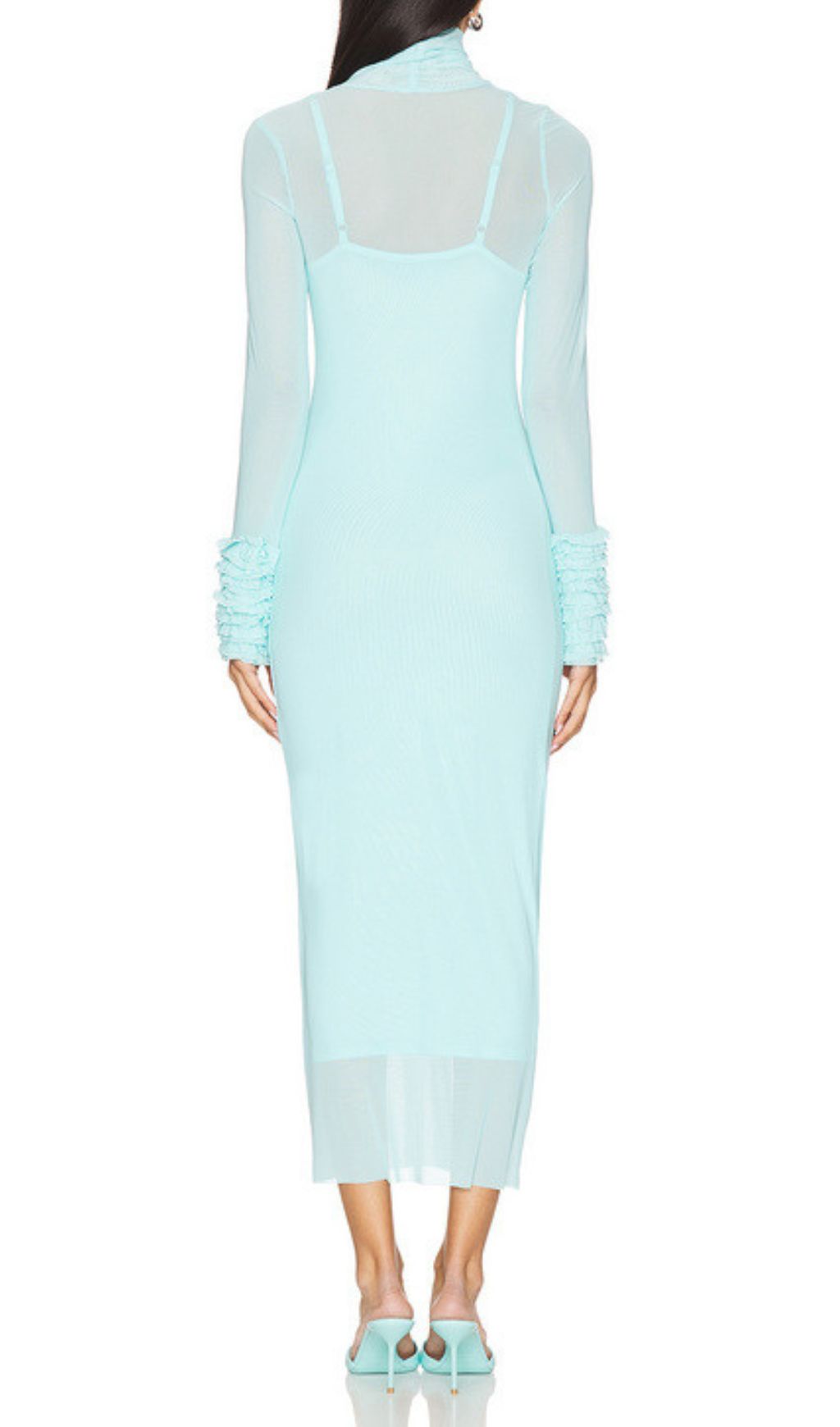 Fabunni Ethereal Aqua Blue Sheer Mesh Midi Dress