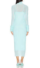 Fabunni Ethereal Aqua Blue Sheer Mesh Midi Dress