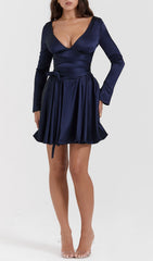 Alluring Navy Satin Deep V-Neck Mini Dress