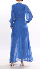 Jeslyn Elegant Royal Blue Lace-Trim Long Sleeve Maxi Dress