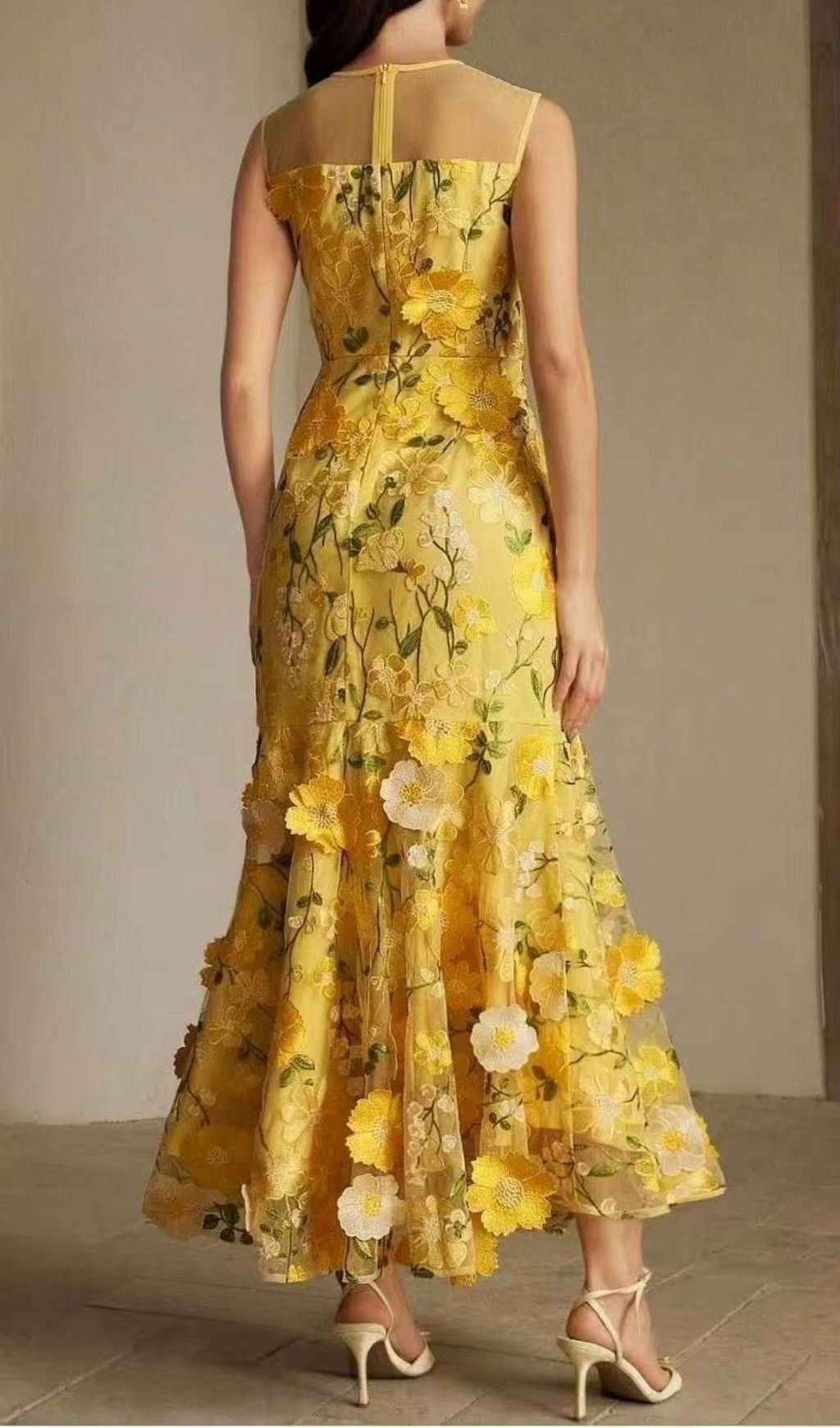 Hiraku Enchanted Yellow 3D Floral Embroidery Maxi Dress