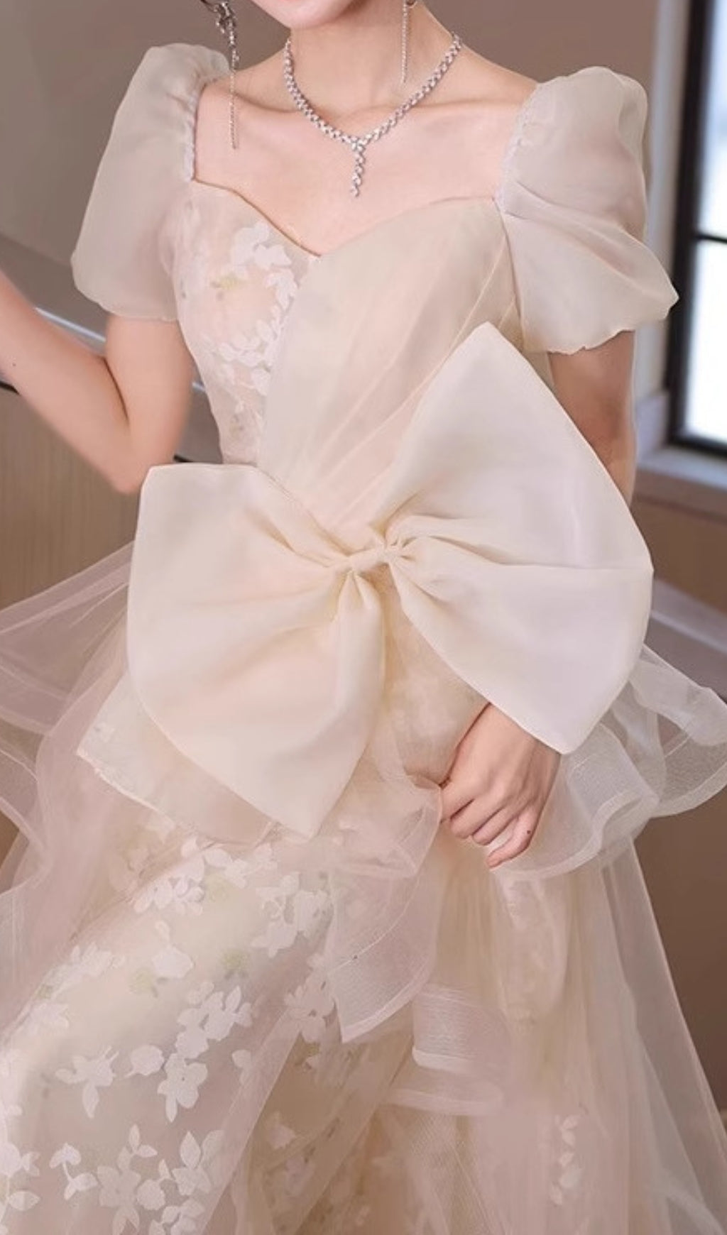 Chinue Ethereal Floral Lace Tulle Maxi Dress with Statement Bow