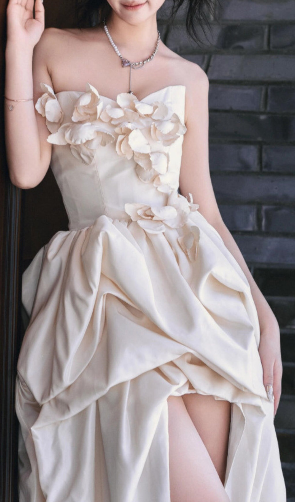 Dalal Strapless High-Low Petal Wedding Gown