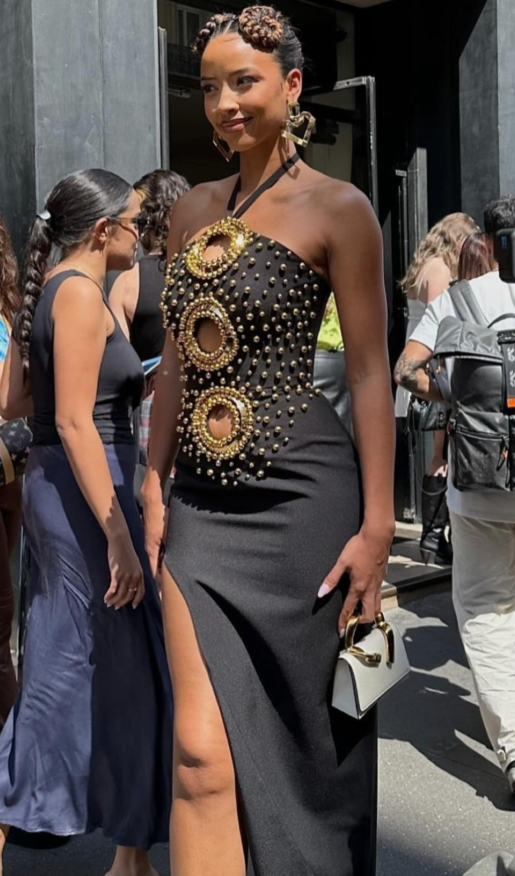 Showstopper Black Halter Embellished Maxi Dress with Daring Cut-Outs