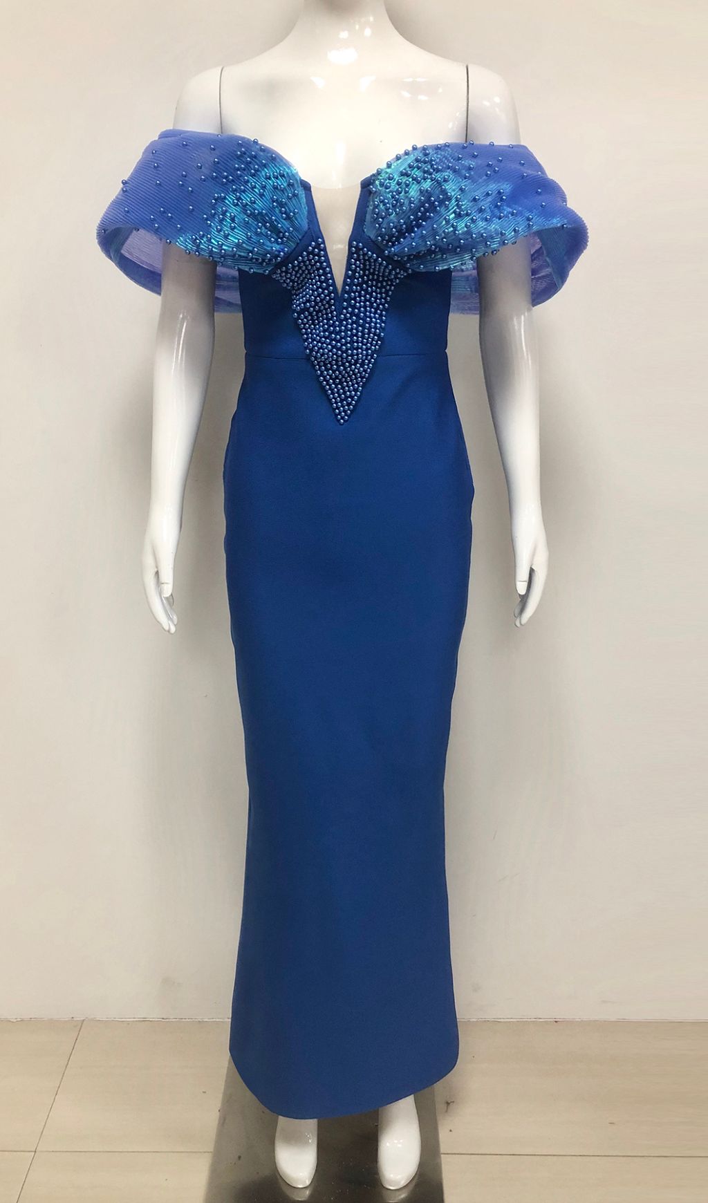 Emani Glamour Blue Off-Shoulder Embellished Maxi Dress