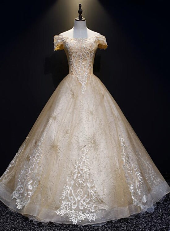 Champagne Lace Off Shoulder Party Dress