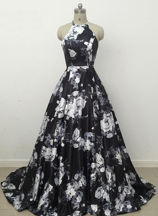 Black Floral Halter Ball Gown Party Dress