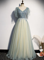 Lovely Tulle with Beaded V-neckline Long Party Dress
